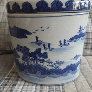 Blue and White Porcelain Chinese Container/Tea Jar - oval shape
